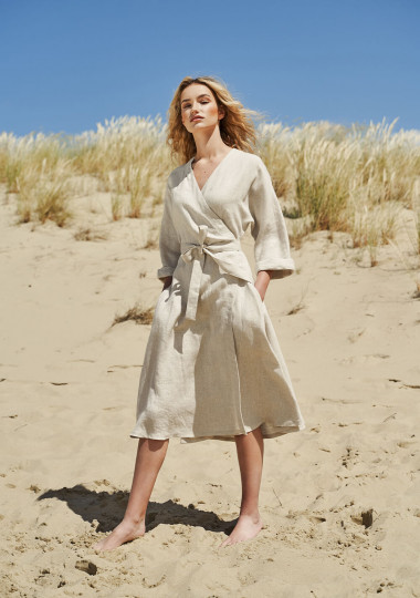 Linen Wrap Dress in Beige/belted Linen Short Sleeve 