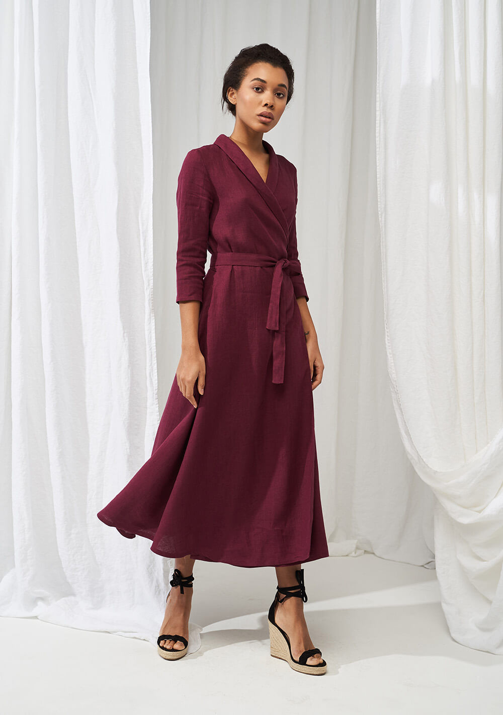 Linen shawl collar wrap dress Marlena