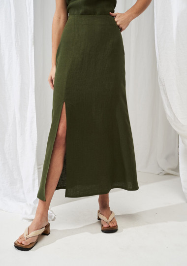 Linen Front Slit Skirt Valencia | linenhandmadestudio.com