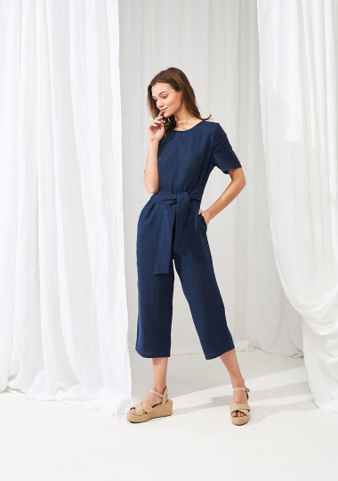 Work Navy Blue Jumpsuit Linen Jumpsuit Loose Linen Jumpsuit Linen