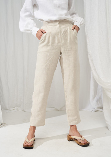 Downtown High Waisted Linen Pants - Beige