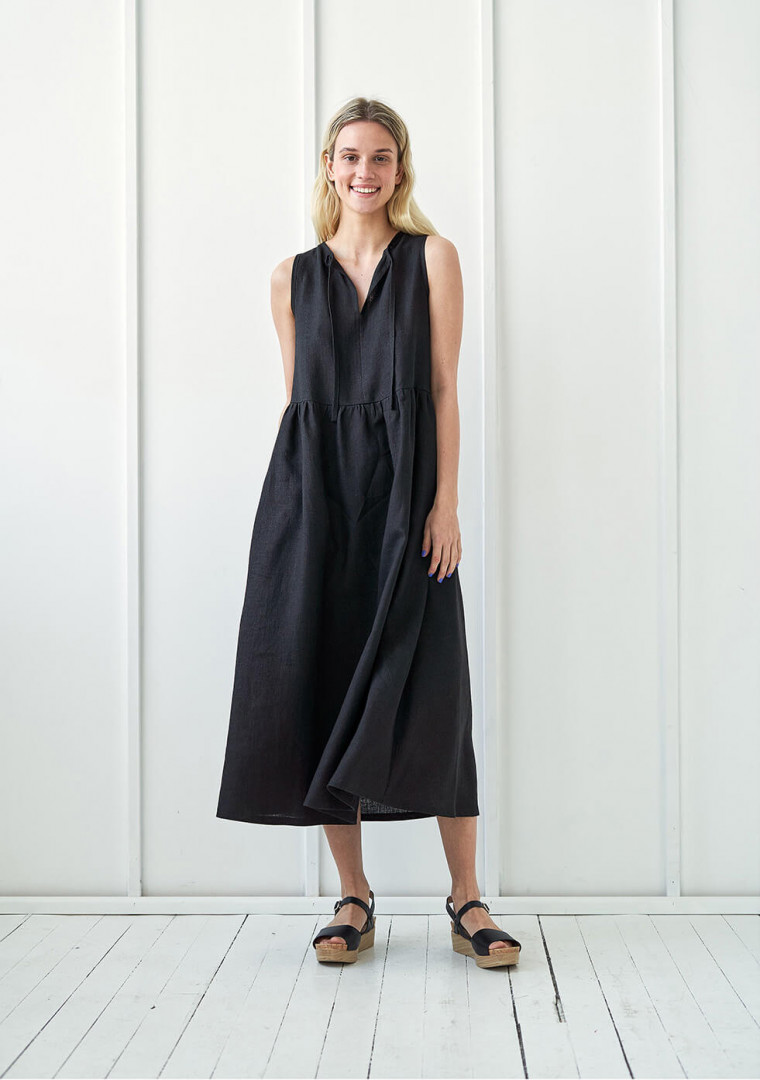 Long linen dress with tie neck detail Aylin 1