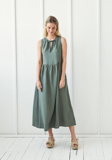 Long linen dress with tie neck detail Aylin
