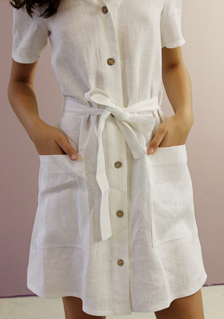 white button linen dress