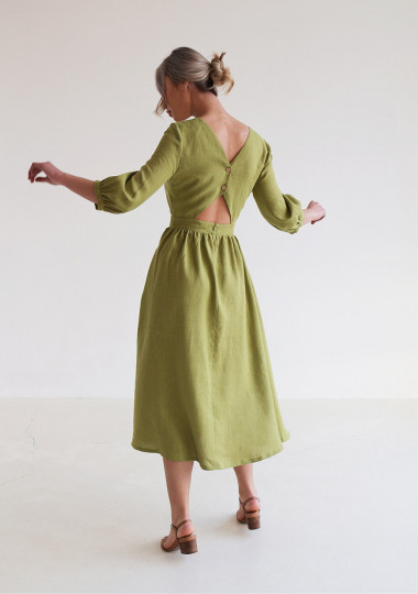 Dresses - Moss Green Strappy Midi Linen Dress