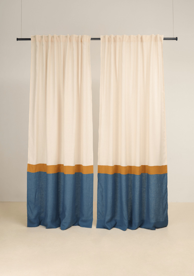 Linen color block curtains with multifunctional heading tape