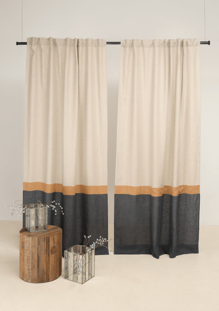 Color block natural linen curtains