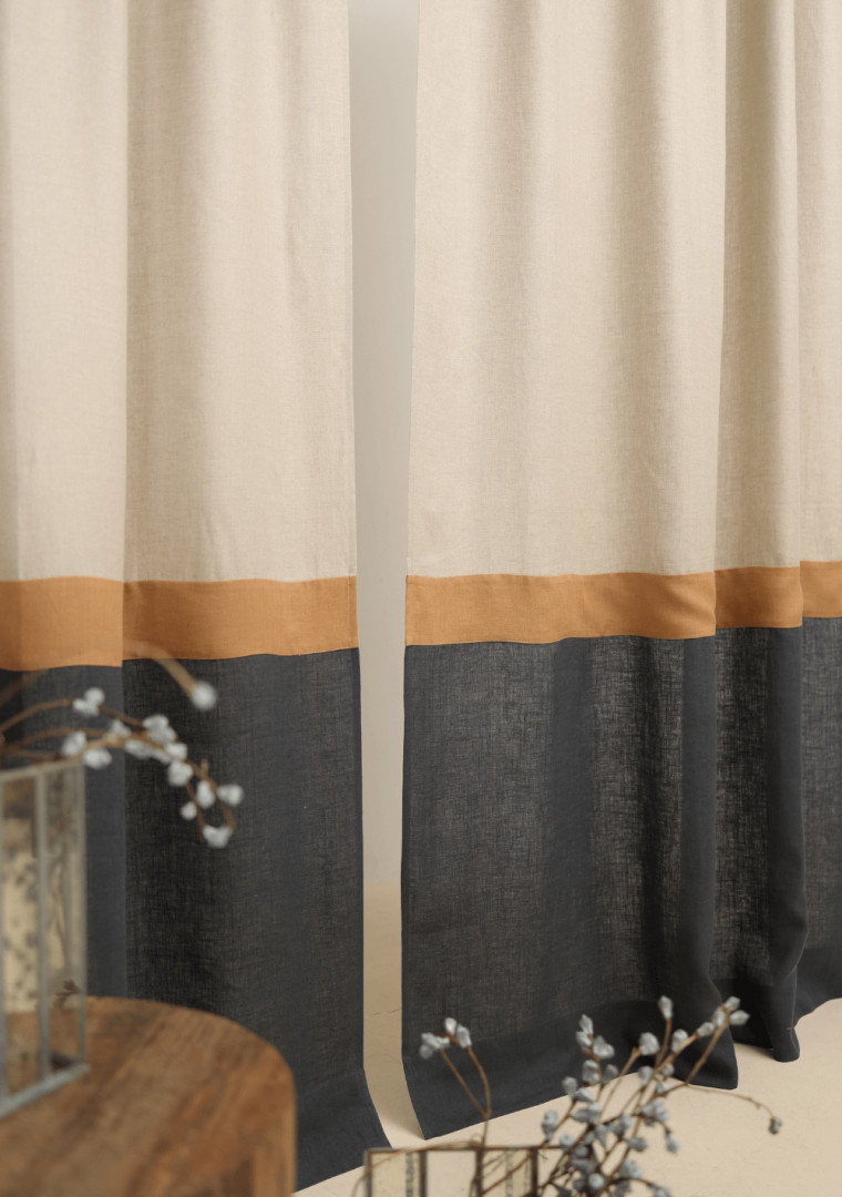 Color block natural linen curtains