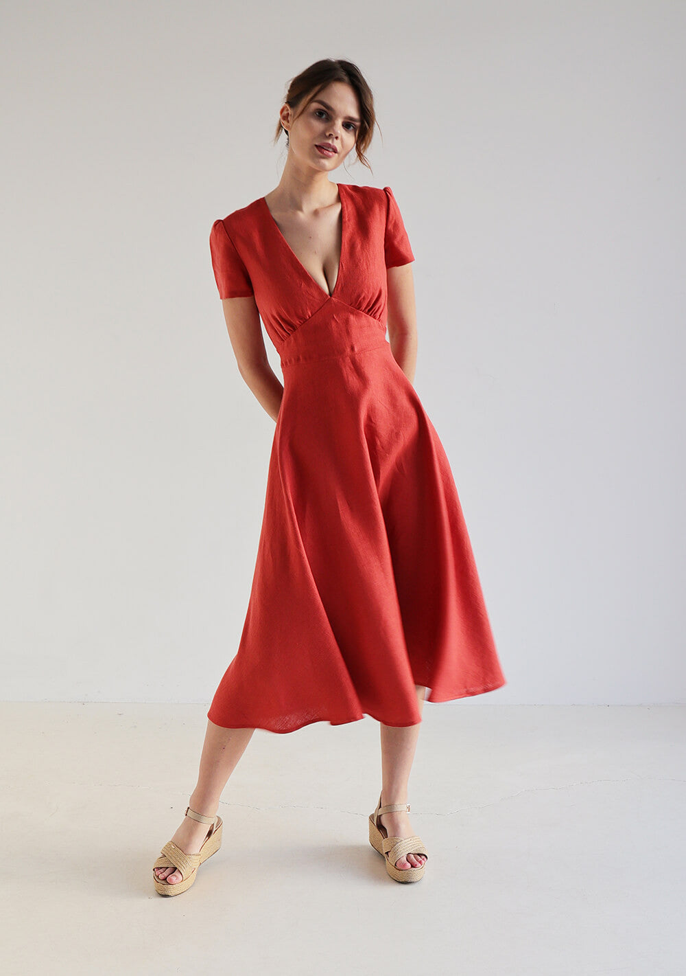Deep v neck linen dress Sicily