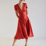 Deep v neck linen dress Sicily