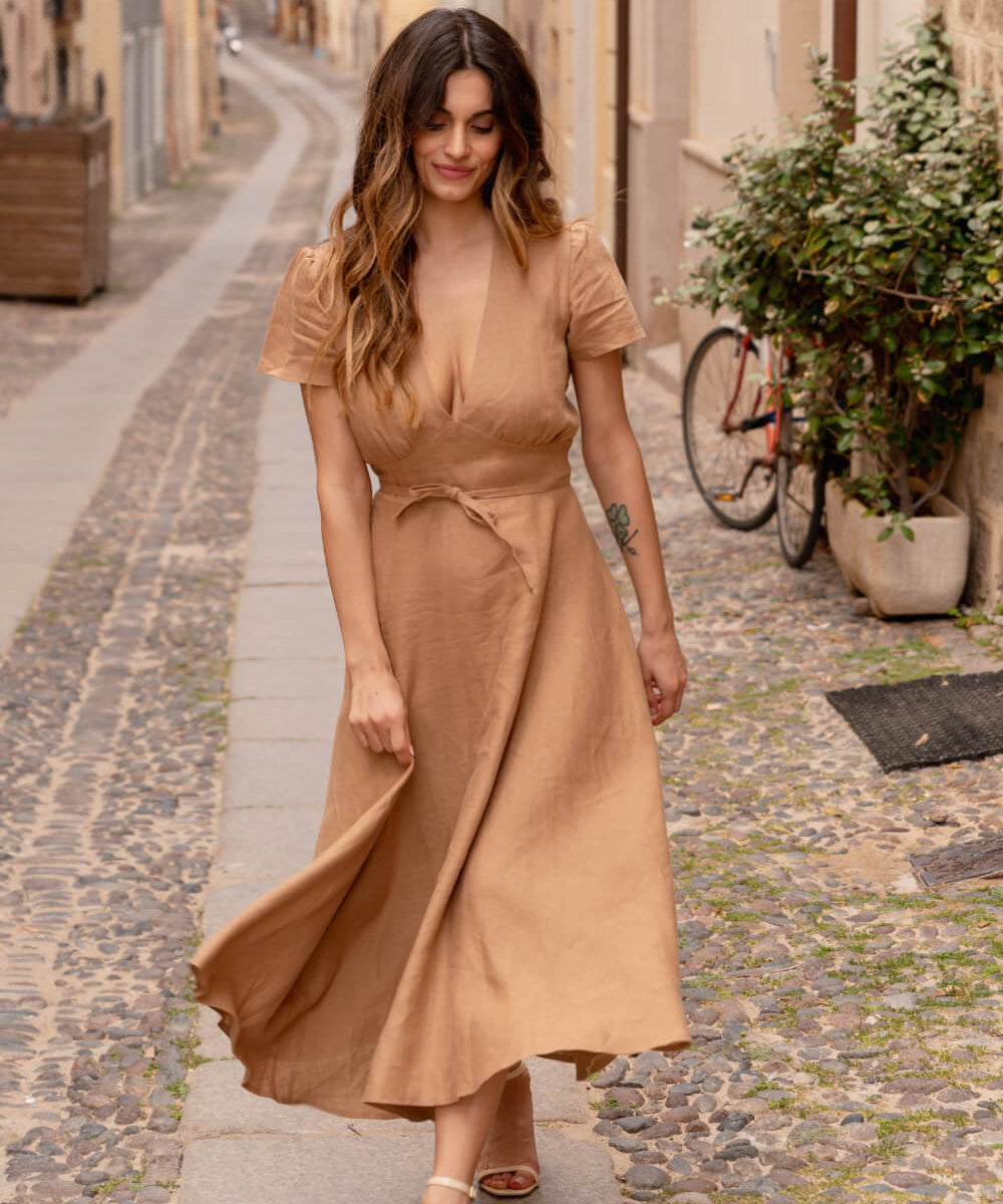 Deep v neck linen dress Sicily
