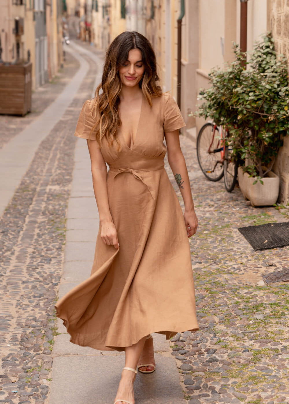 Deep v neck linen dress Sicily