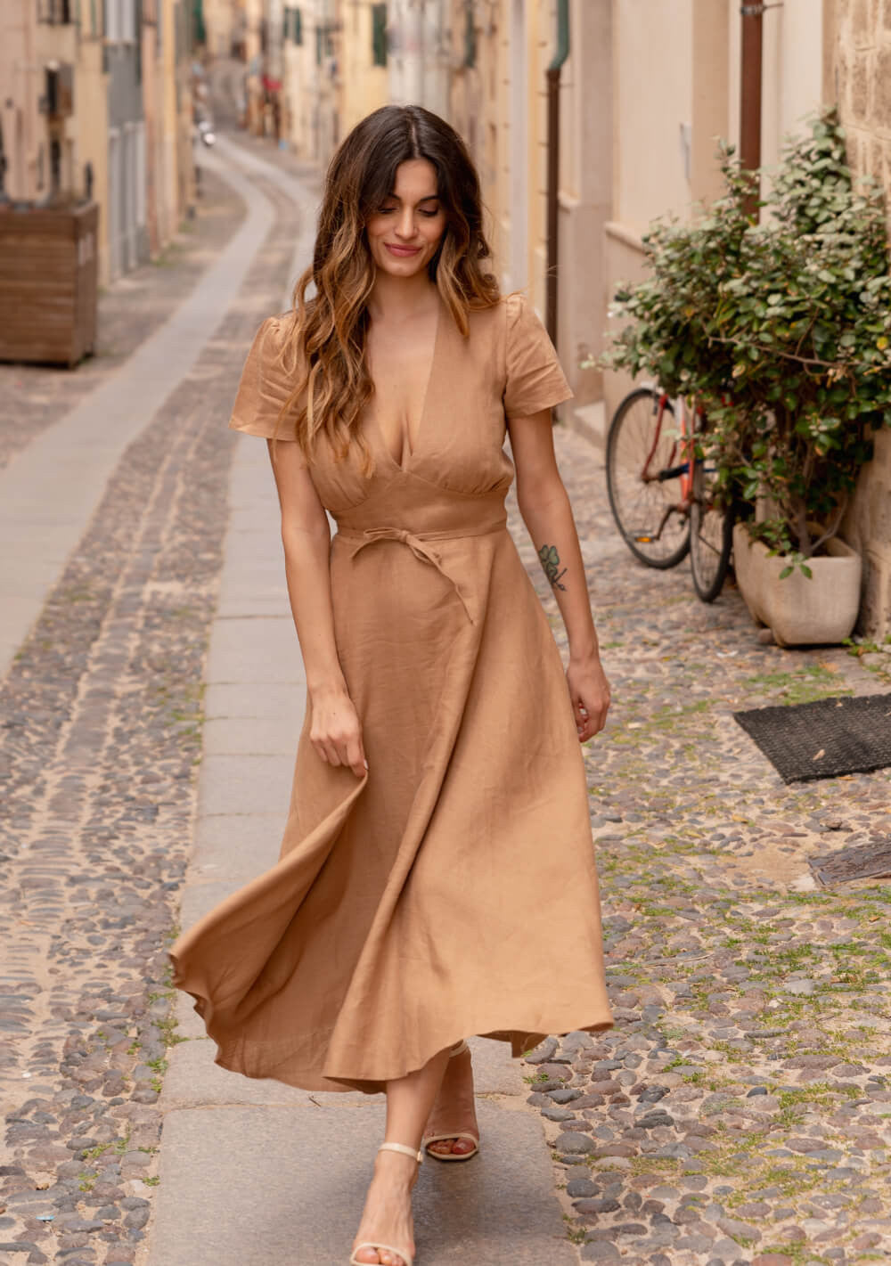 Deep v neck linen dress Sicily