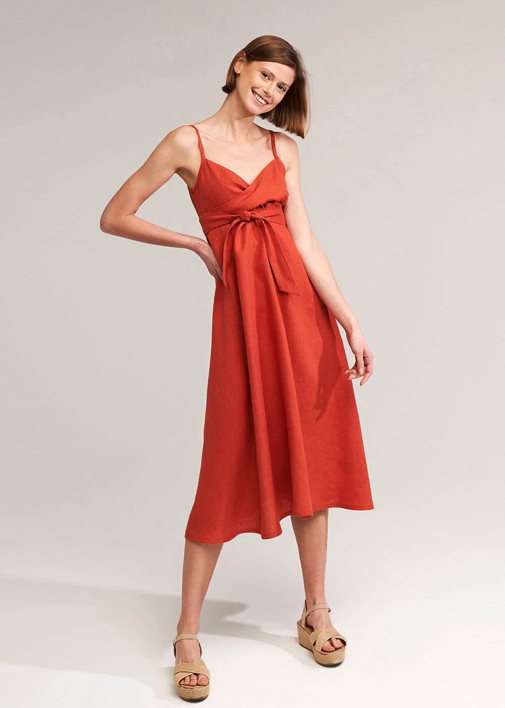 Flare linen spaghetti strap dress Arielle