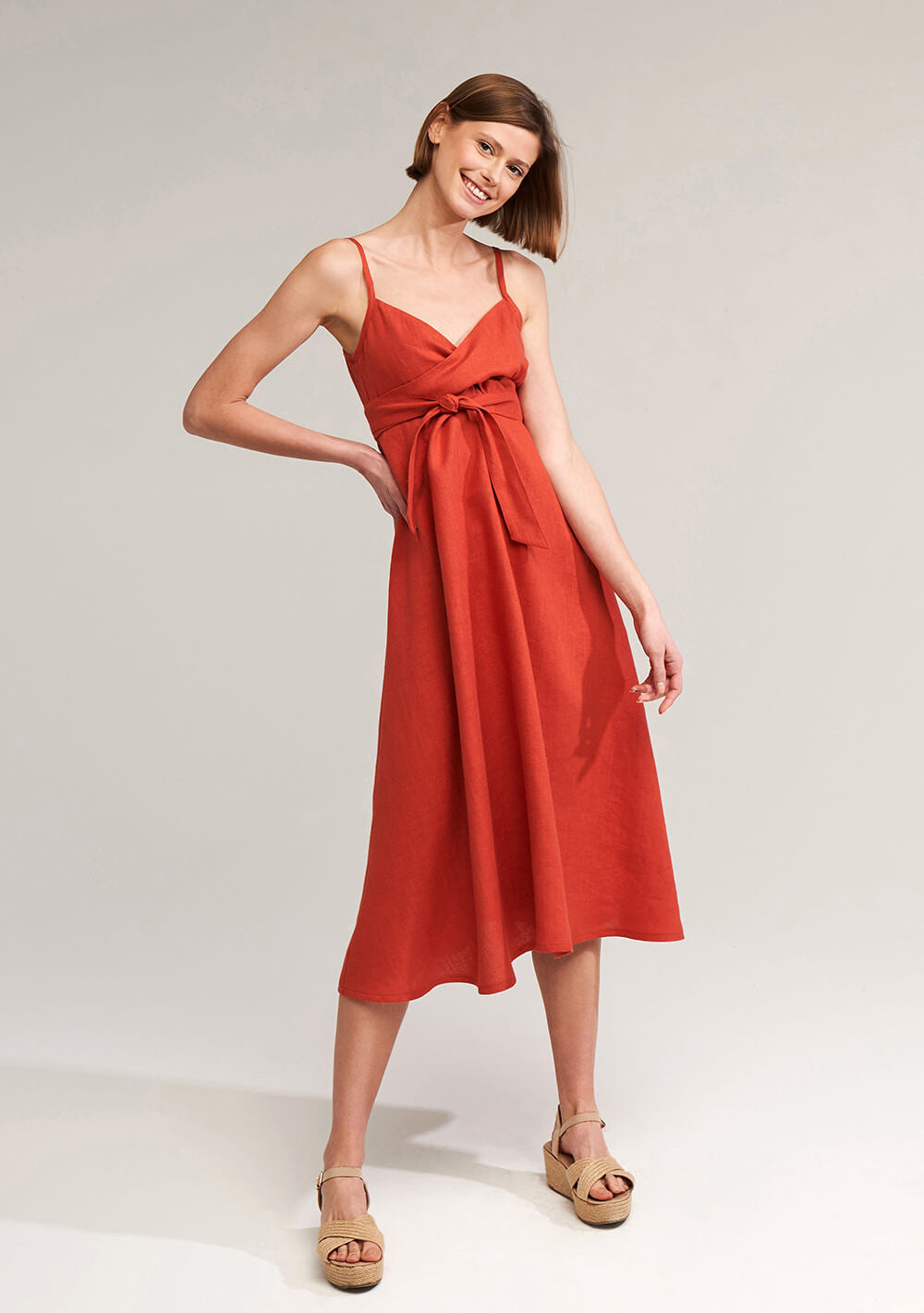 Flare linen spaghetti strap dress Arielle