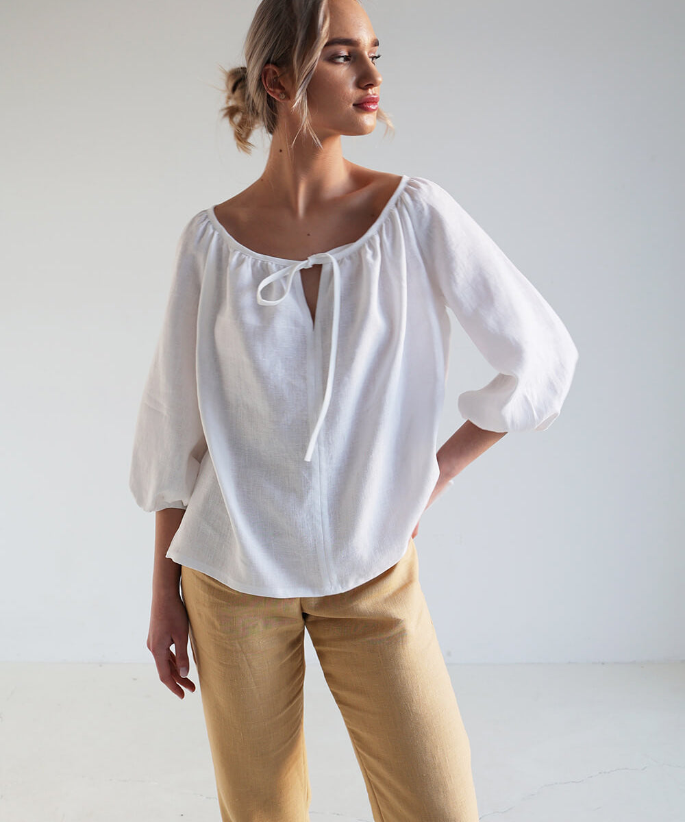 Linen blouse Bloom with tie neck