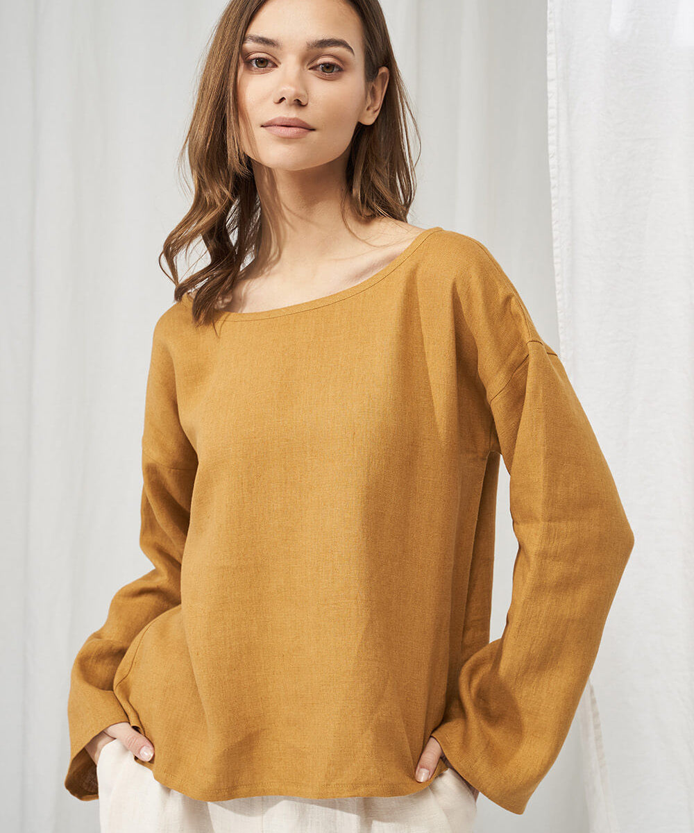 Linen boat neck top with long sleeves Bruno