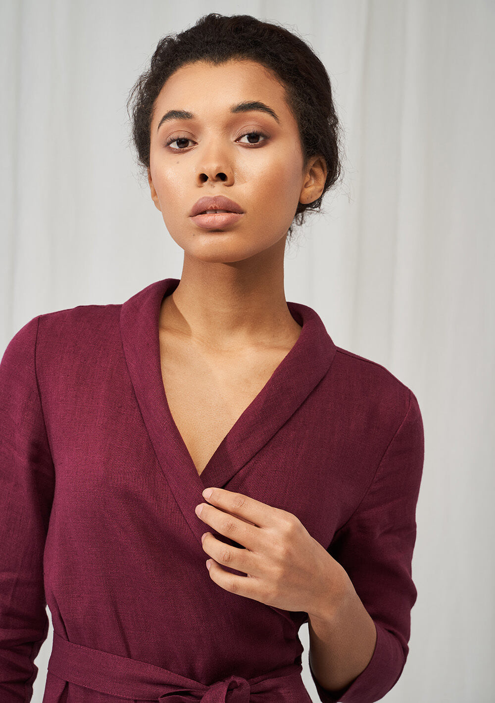 Linen shawl collar wrap dress Marlena