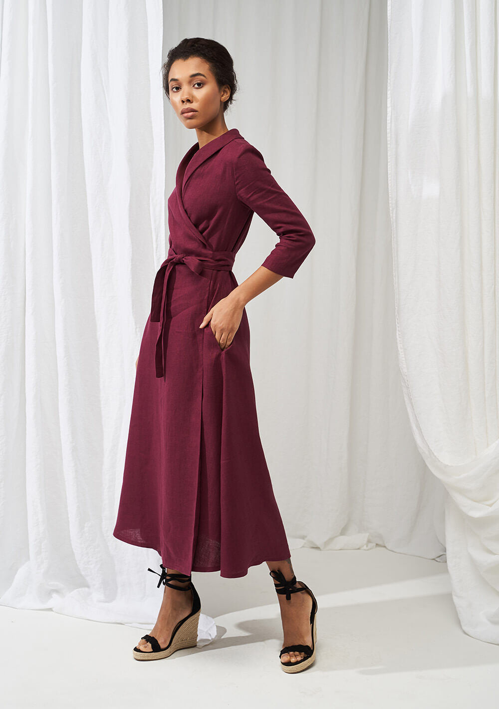 Linen shawl collar wrap dress Marlena