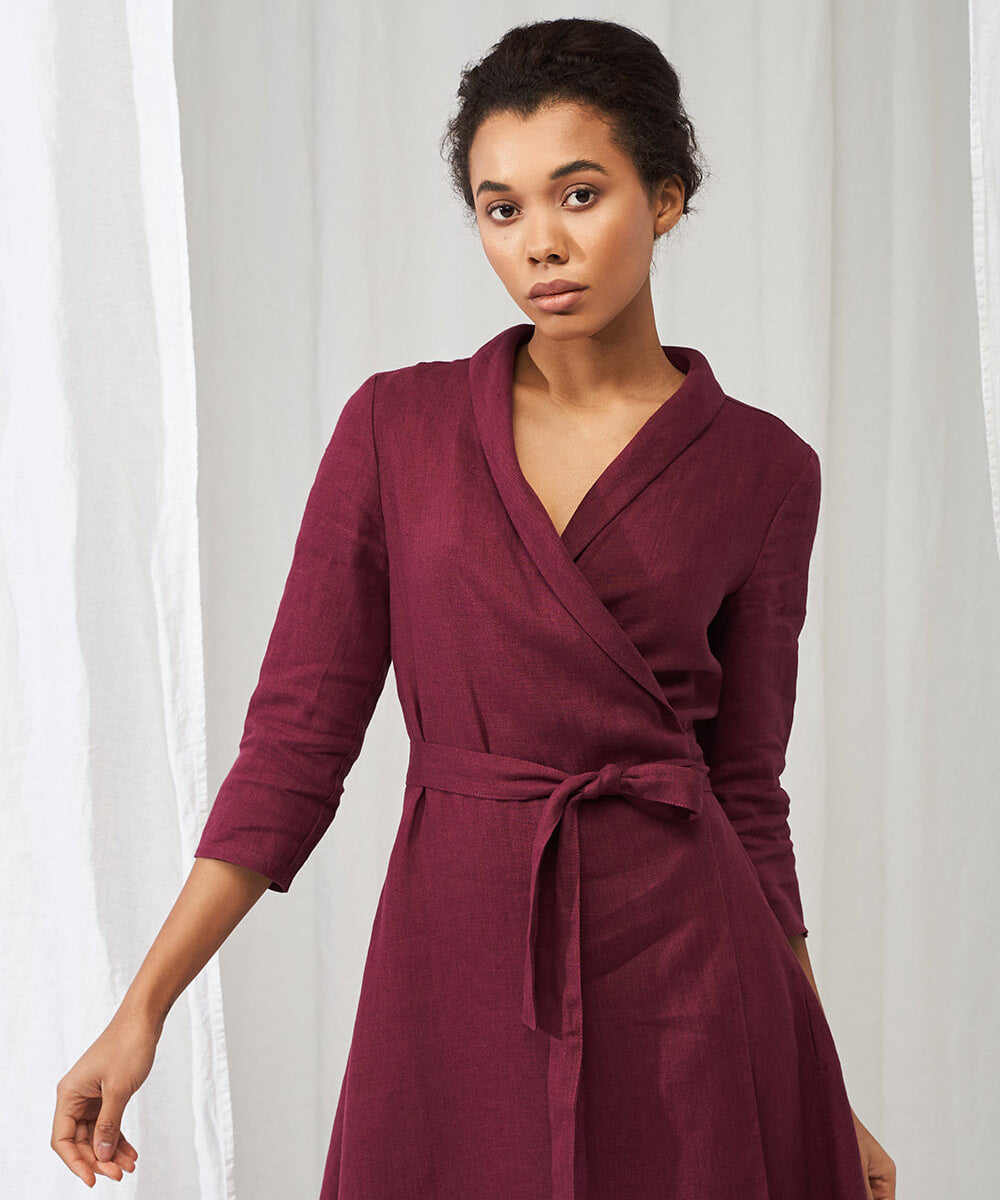 Linen shawl collar wrap dress Marlena
