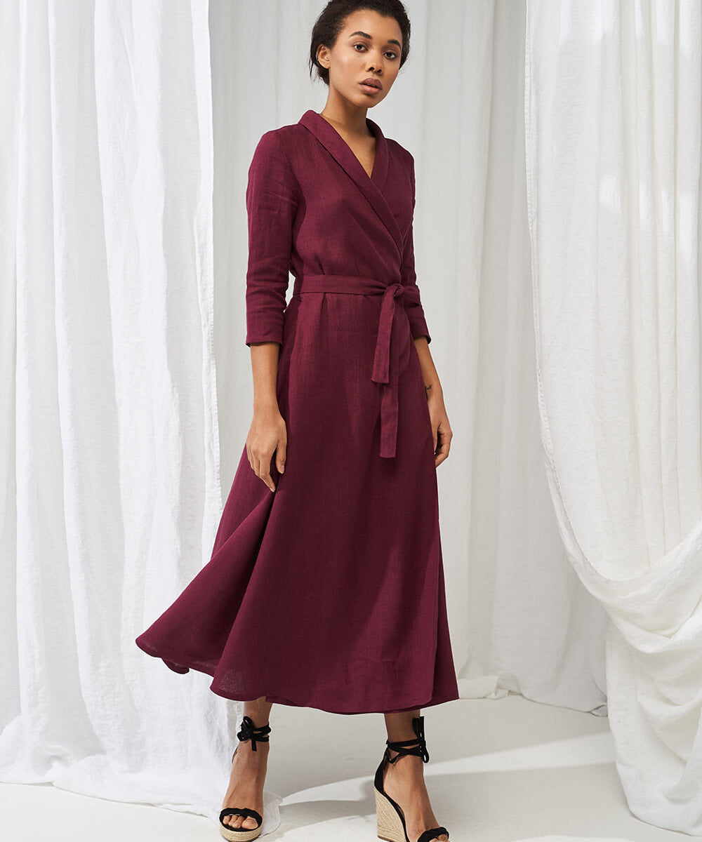 Linen shawl collar wrap dress Marlena