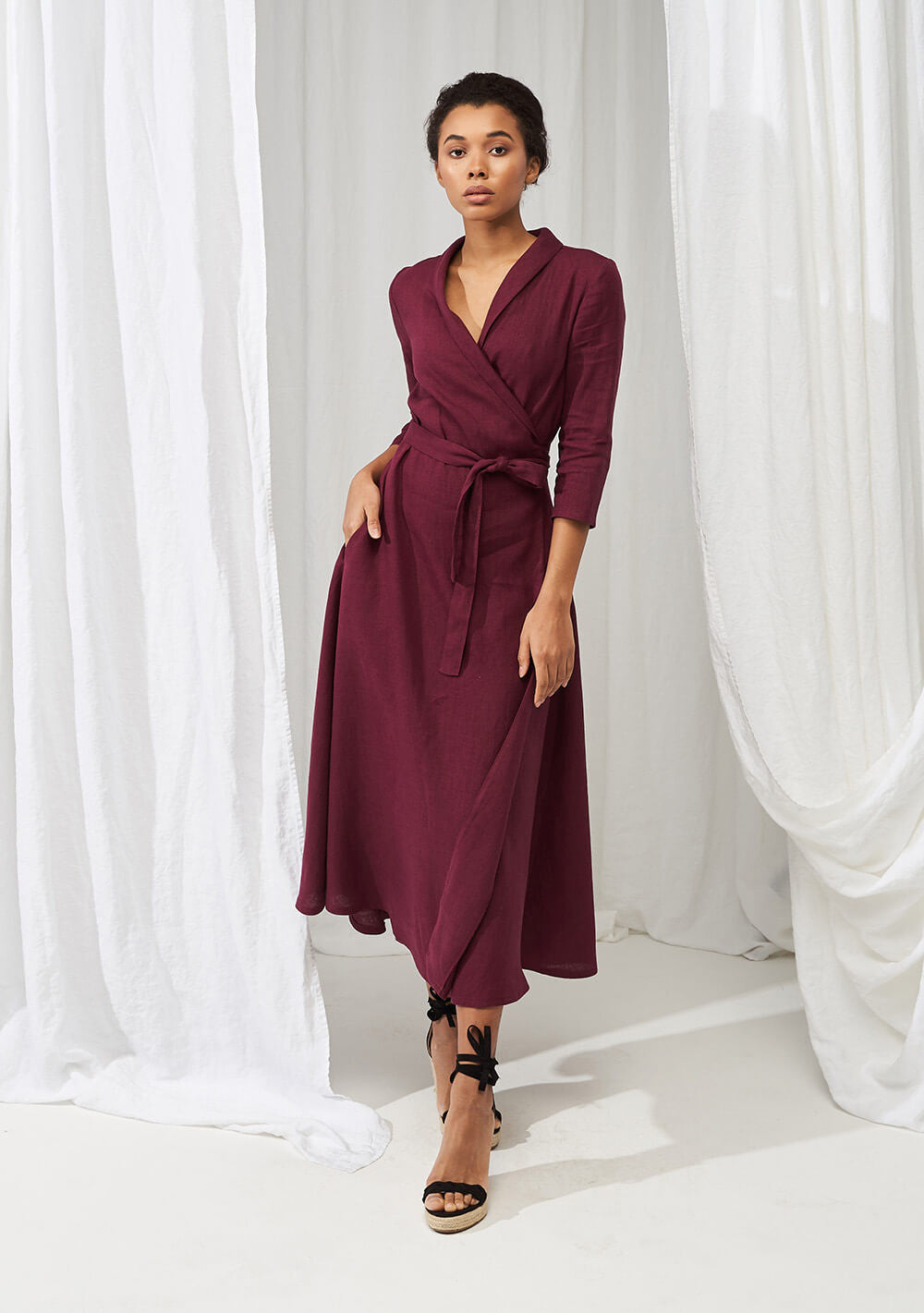 Linen shawl collar wrap dress Marlena