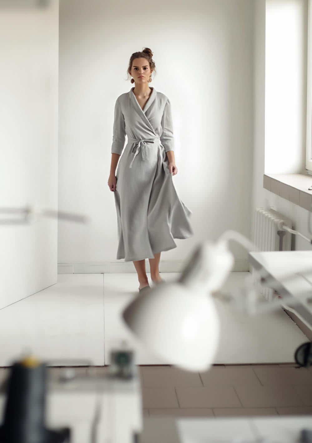 Linen shawl collar wrap dress Marlena