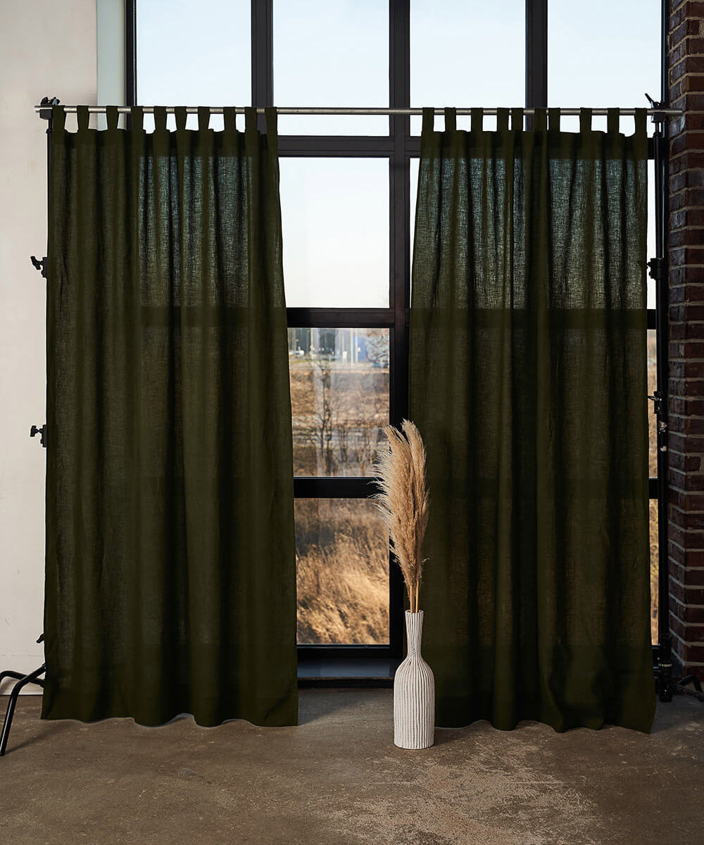 Linen tab top curtain panel in Forest Green, set of 2