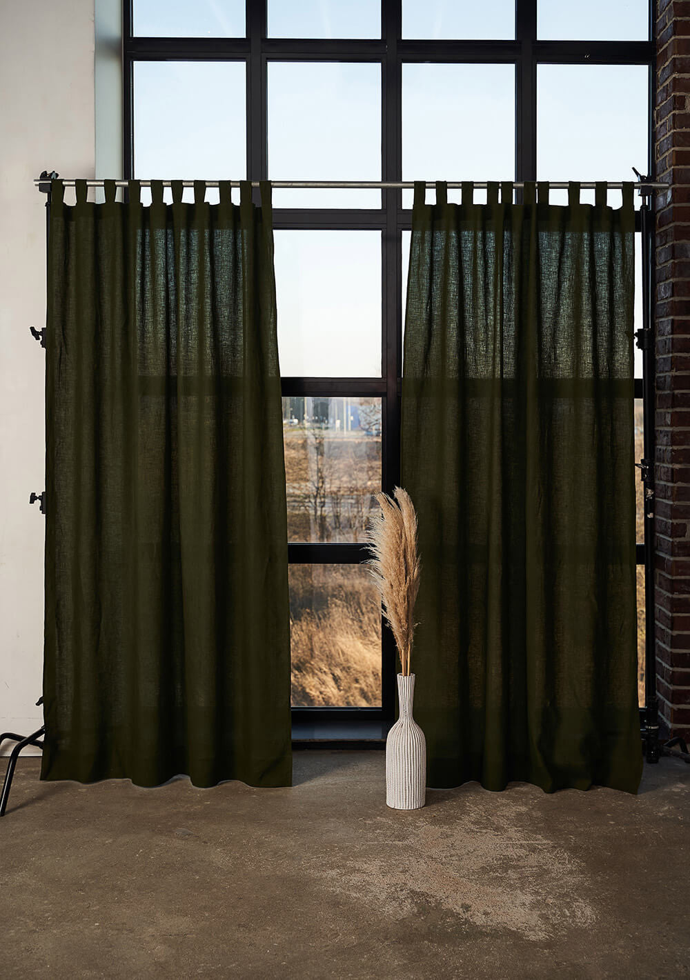 Linen tab top curtain panel in Forest Green, set of 2