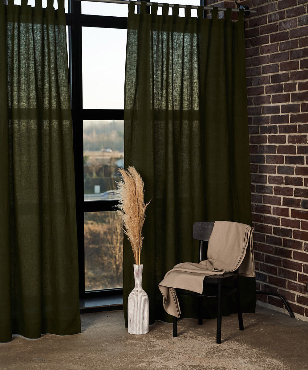 Linen tab top curtain panel in Forest Green, set of 2