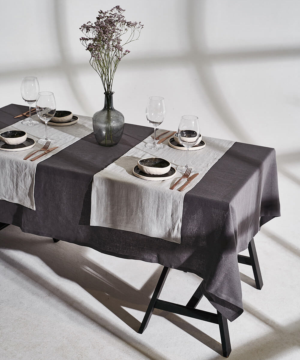 Linen table runner in light gray