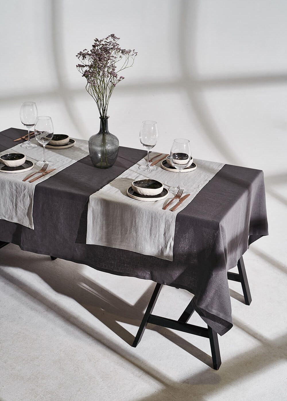 Linen table runner in light gray