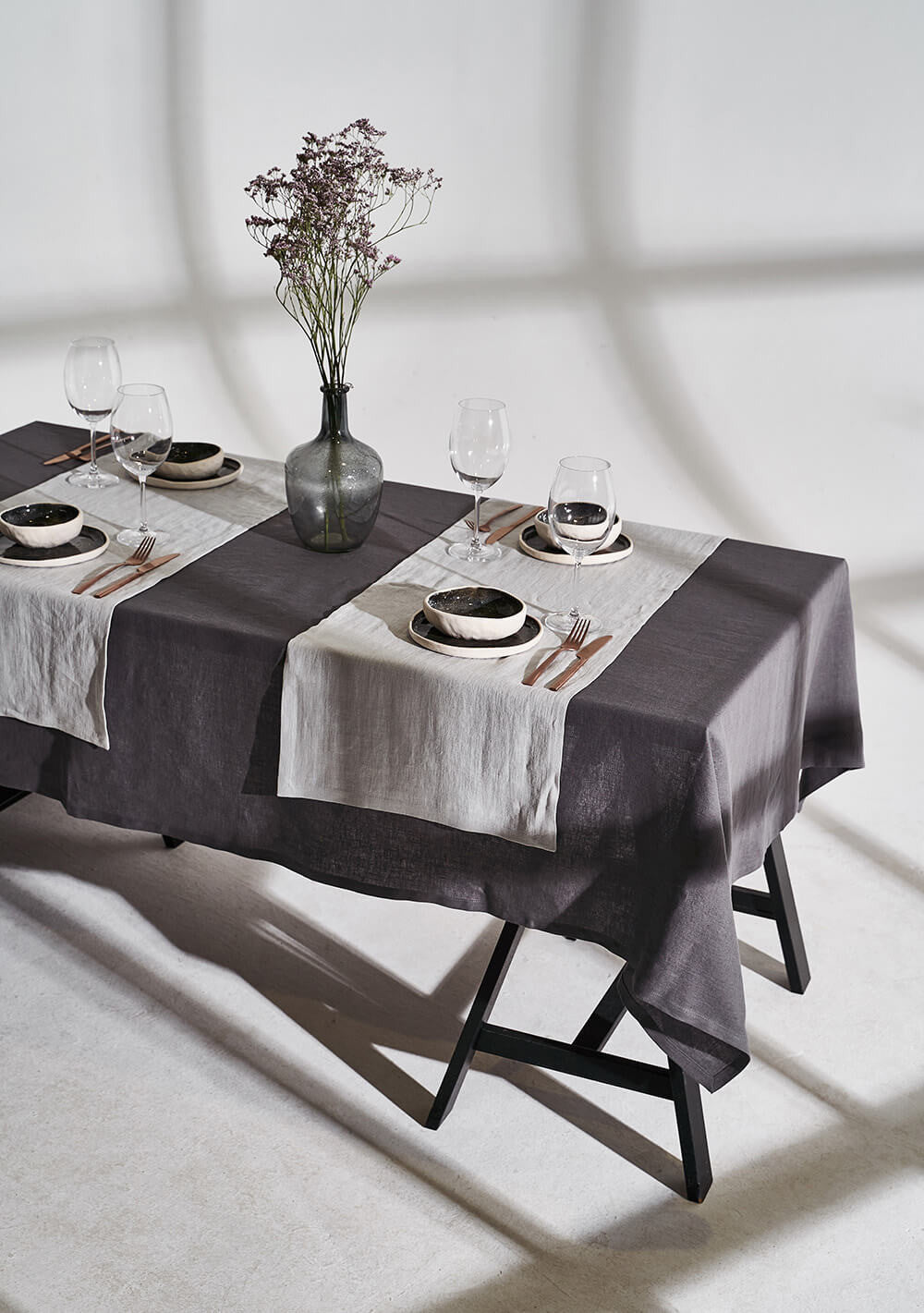 Linen table runner in light gray