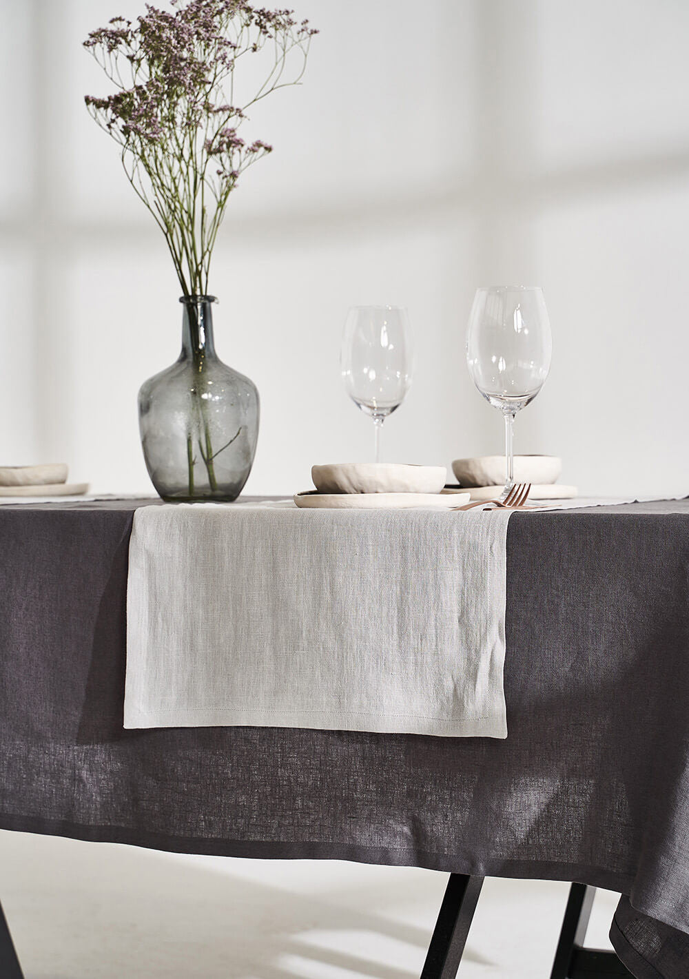Linen table runner in light gray