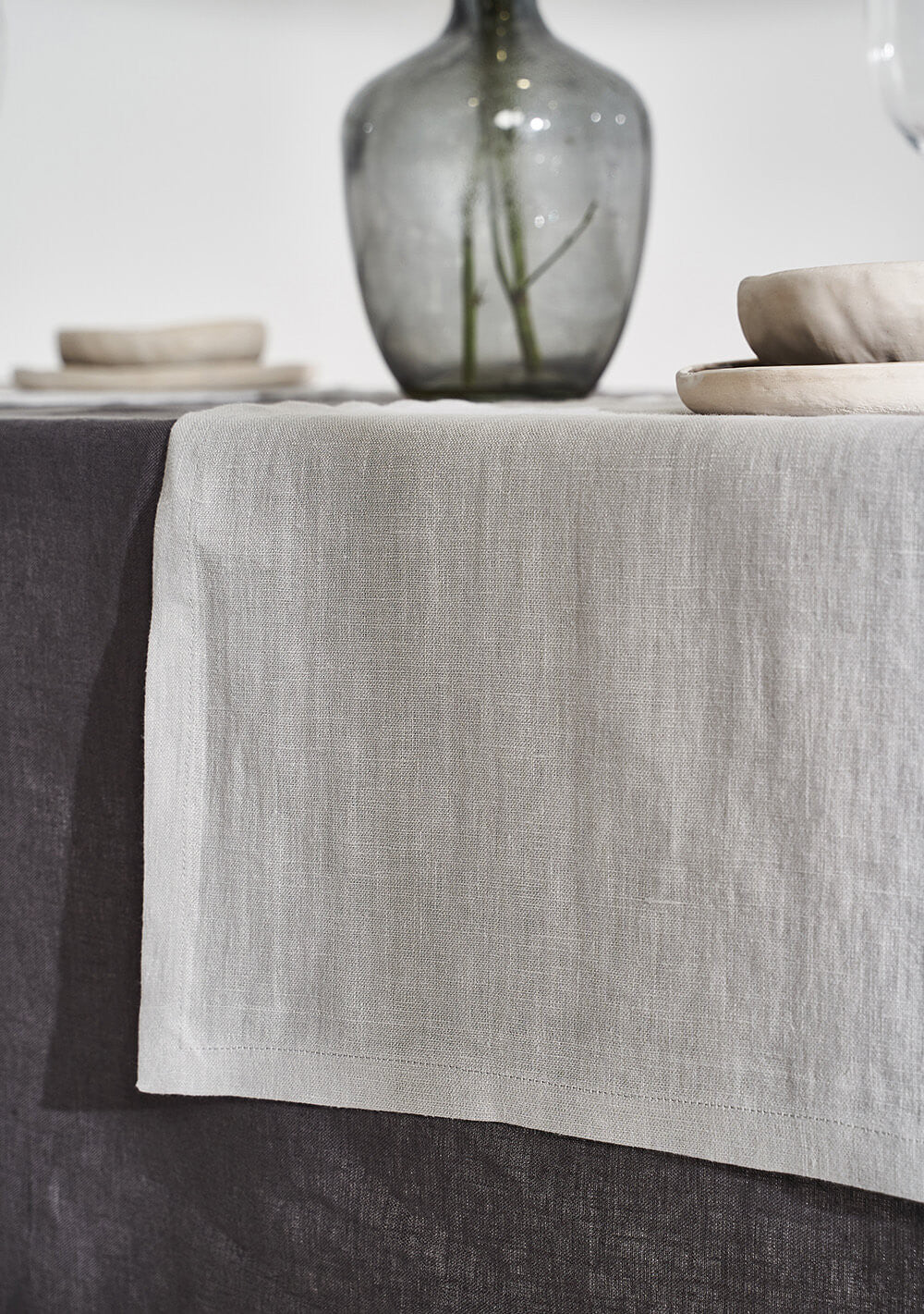 Linen table runner in light gray