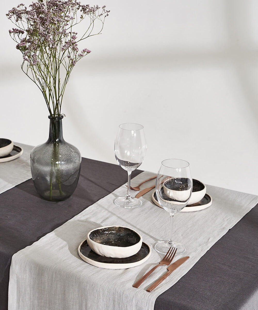 Linen table runner in light gray