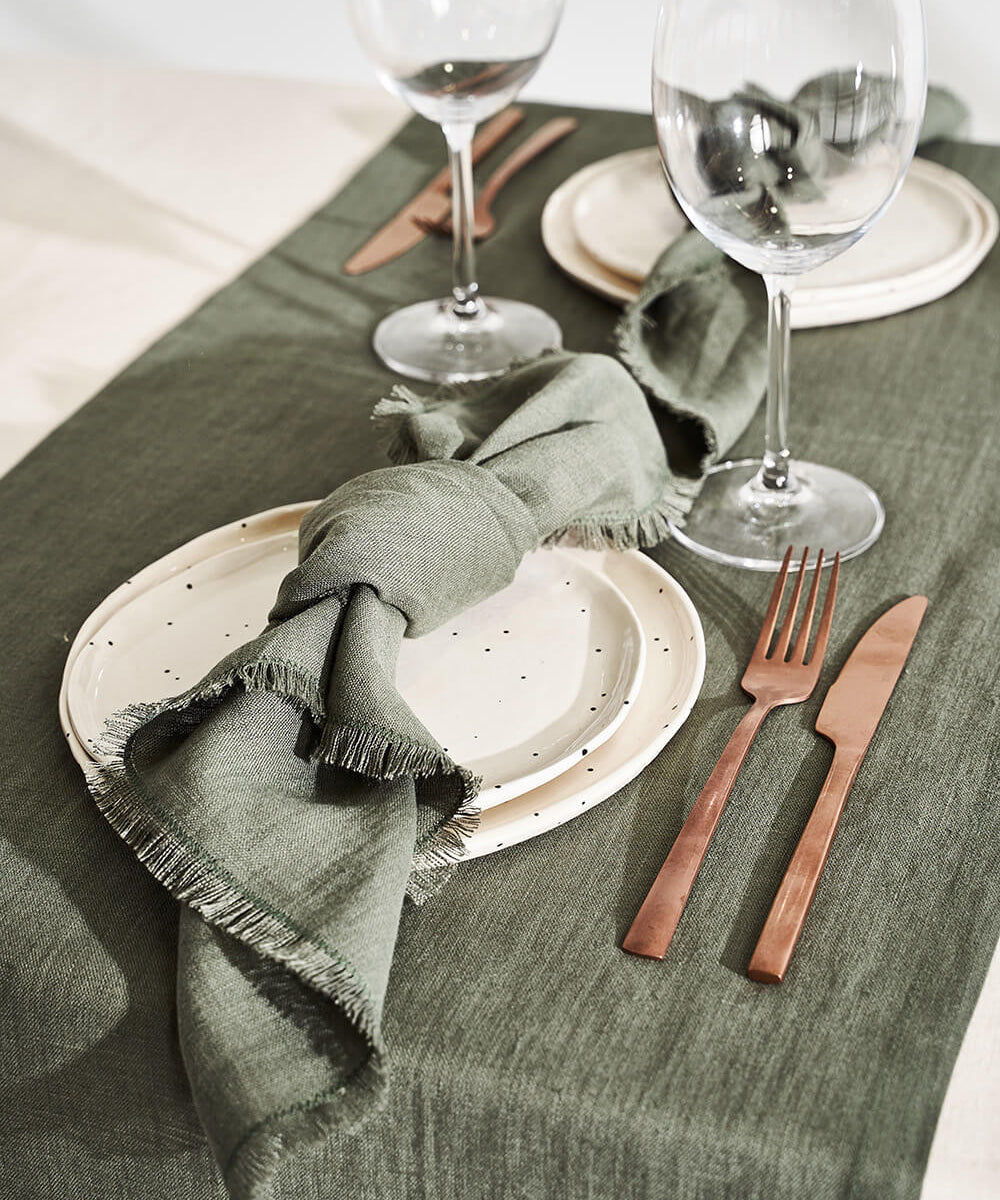 Linen table runner in moss green