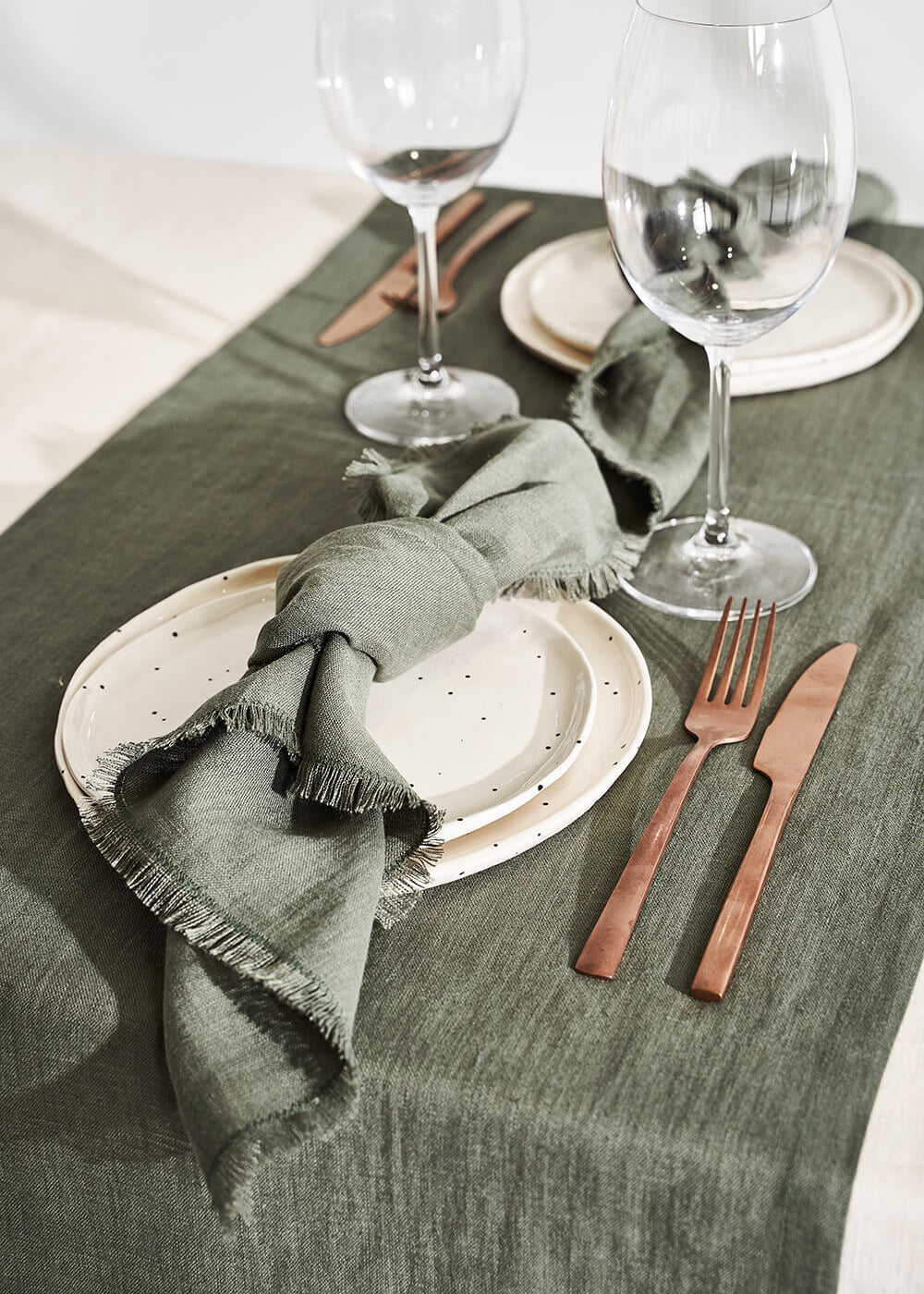 Linen table runner in moss green