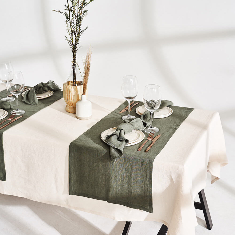 Linen table runner in moss green