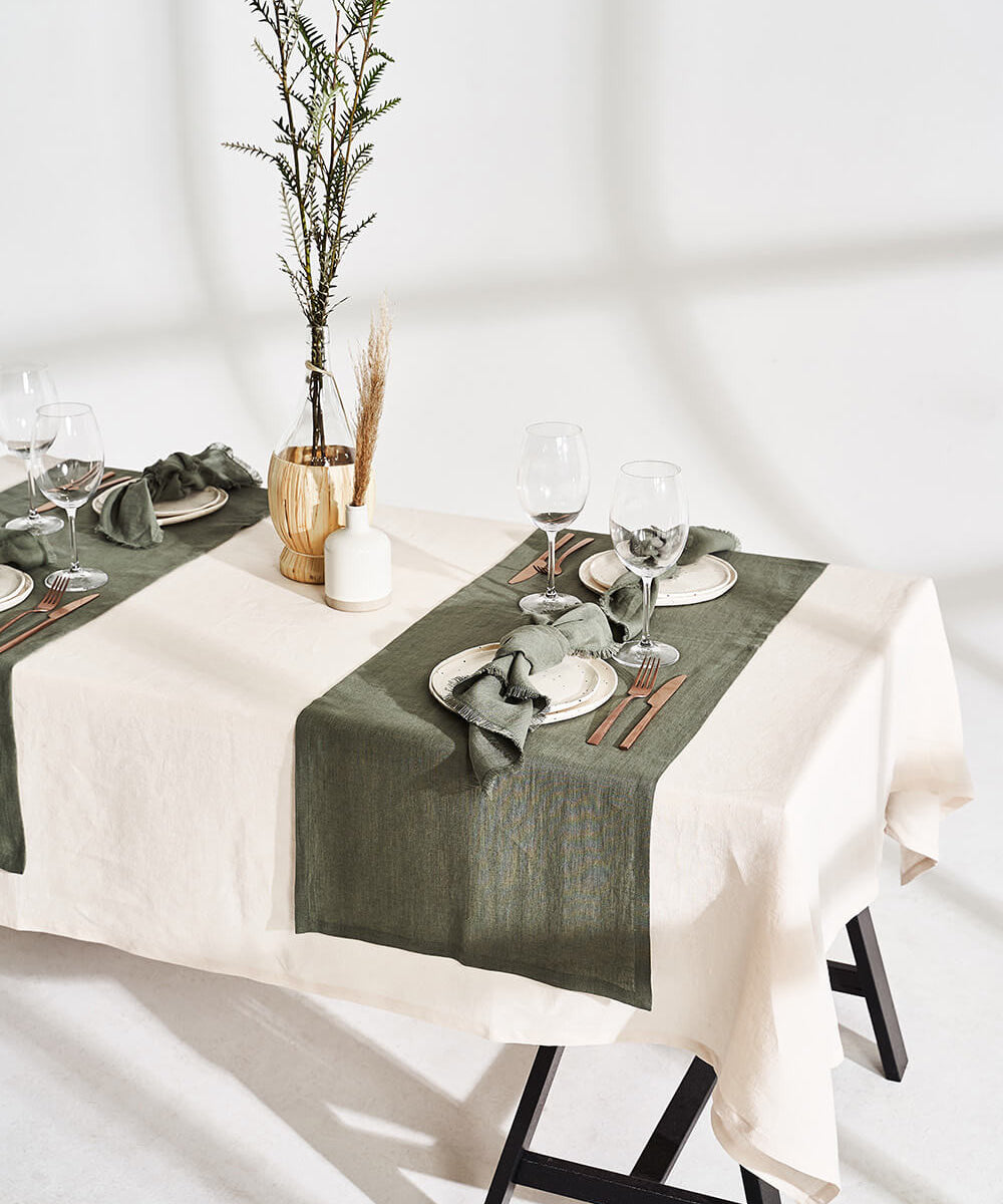 Linen table runner in moss green