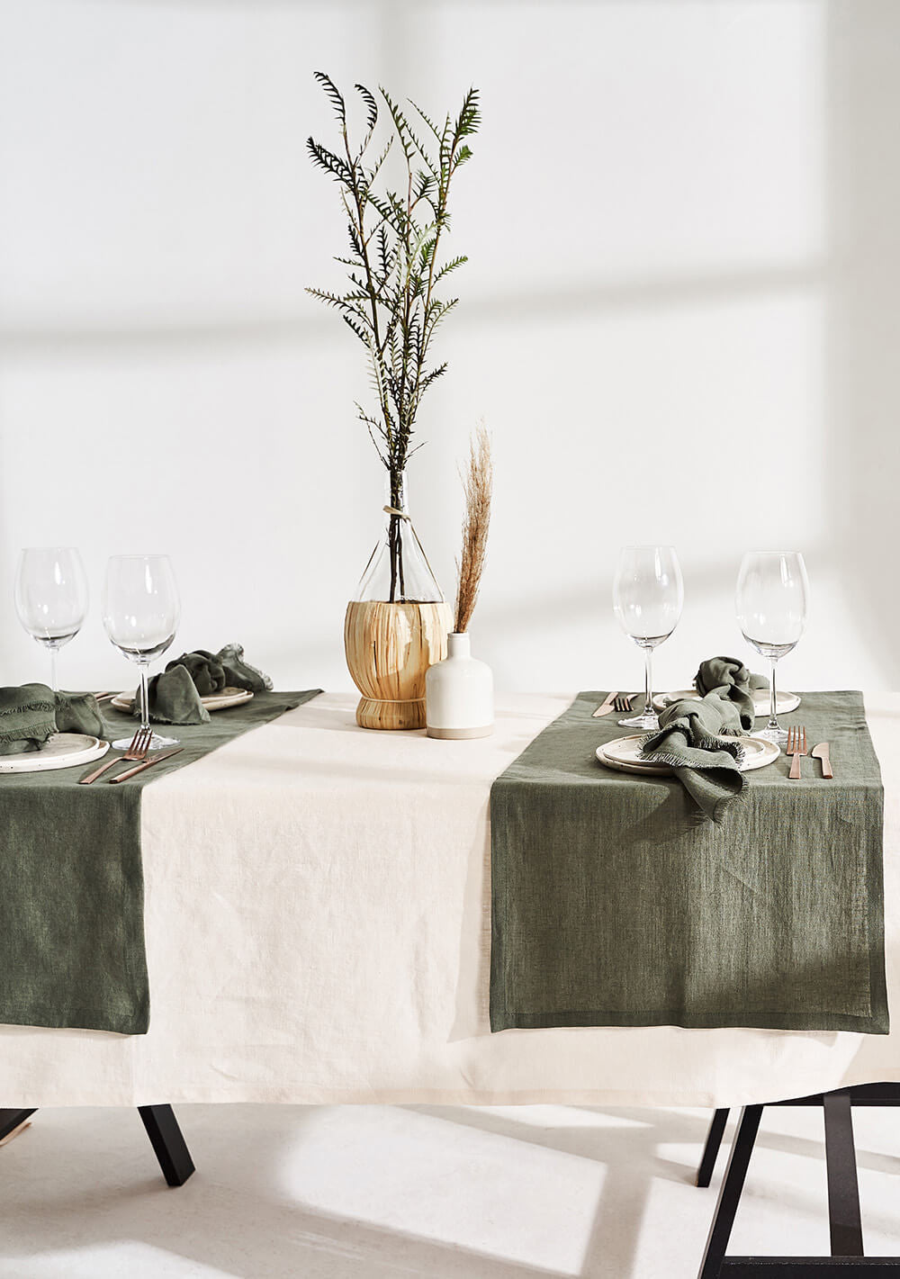 Linen table runner in moss green