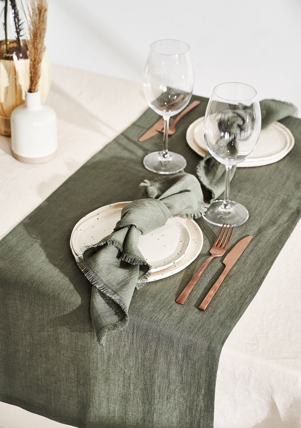Linen table runner in moss green