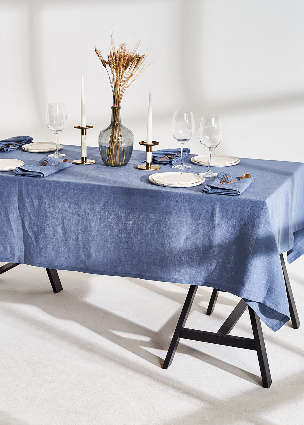 Linen tablecloth in cornflower blue