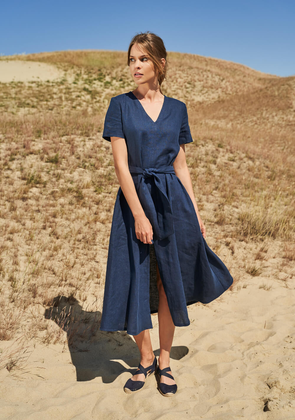 Linen V neck maxi dress with front split Vivien