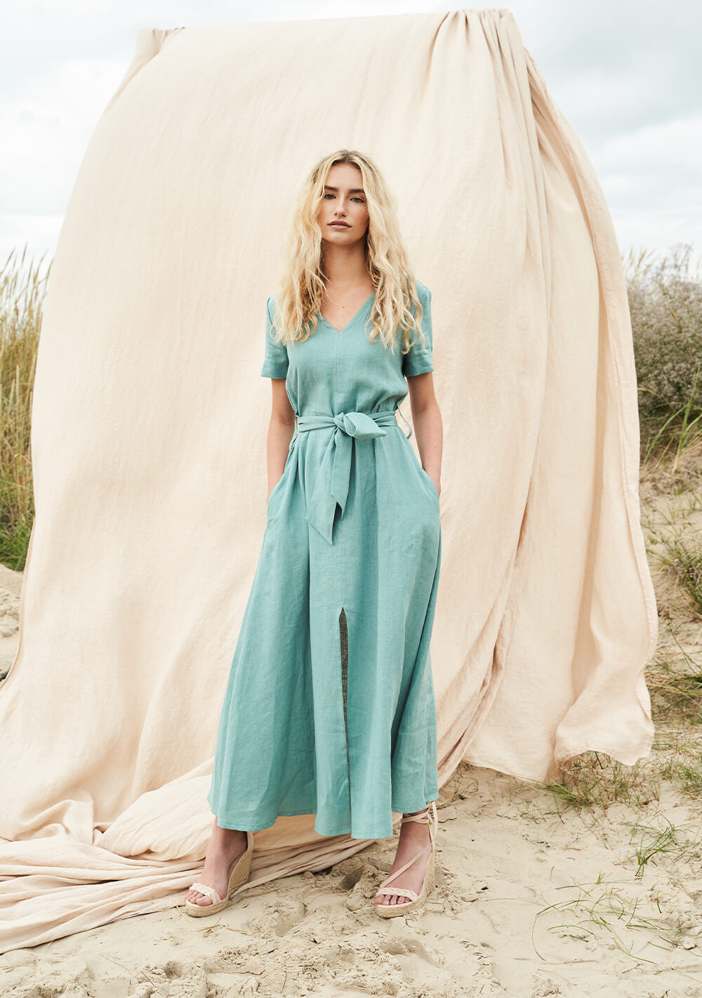 Linen V neck maxi dress with front split Vivien