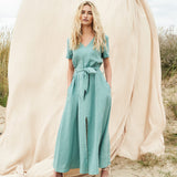Linen V neck maxi dress with front split Vivien