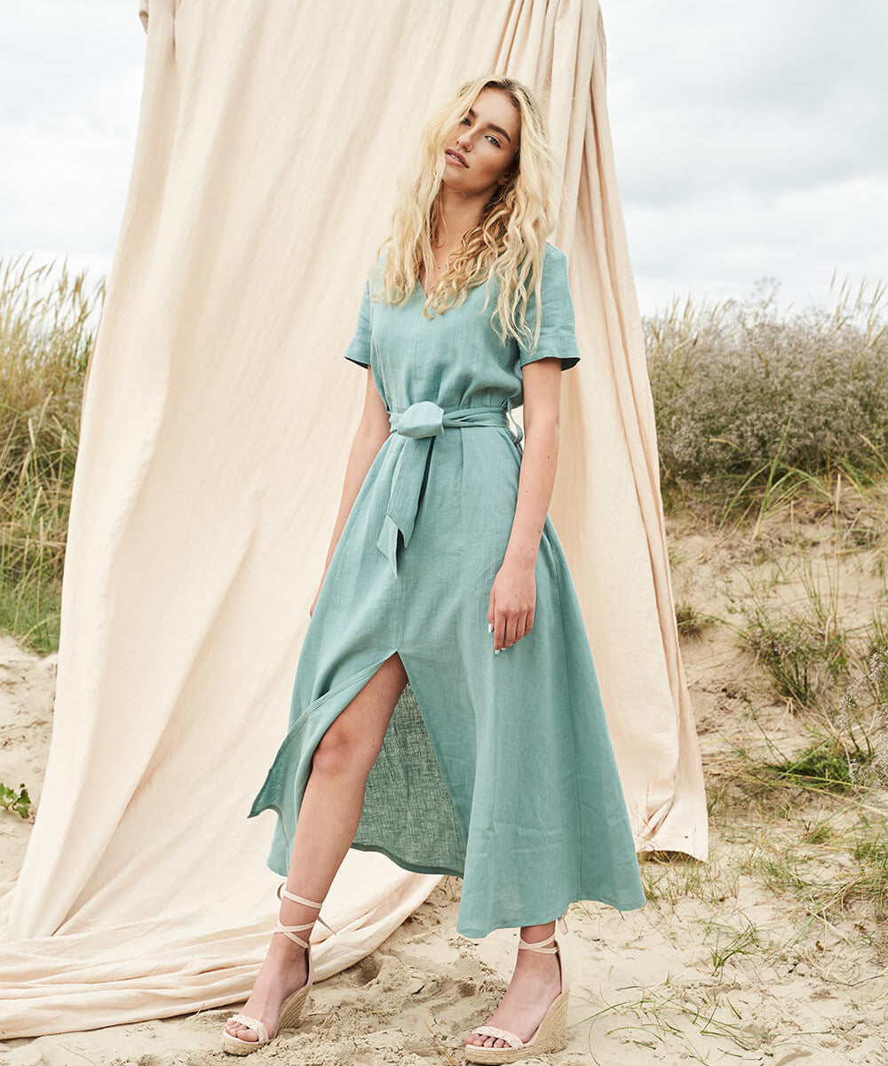 Linen V neck maxi dress with front split Vivien