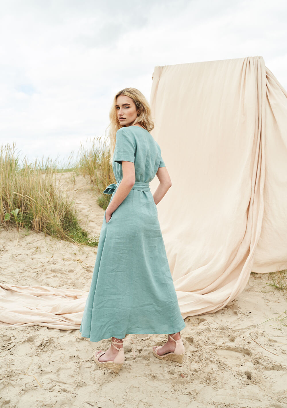 Linen V neck maxi dress with front split Vivien