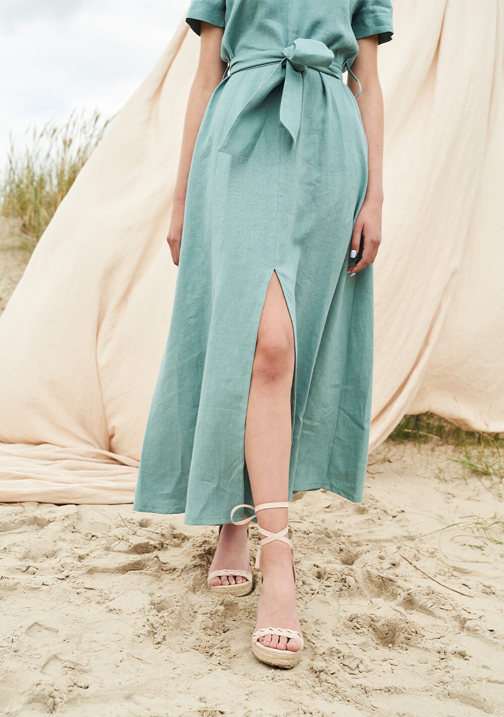 Linen V neck maxi dress with front split Vivien