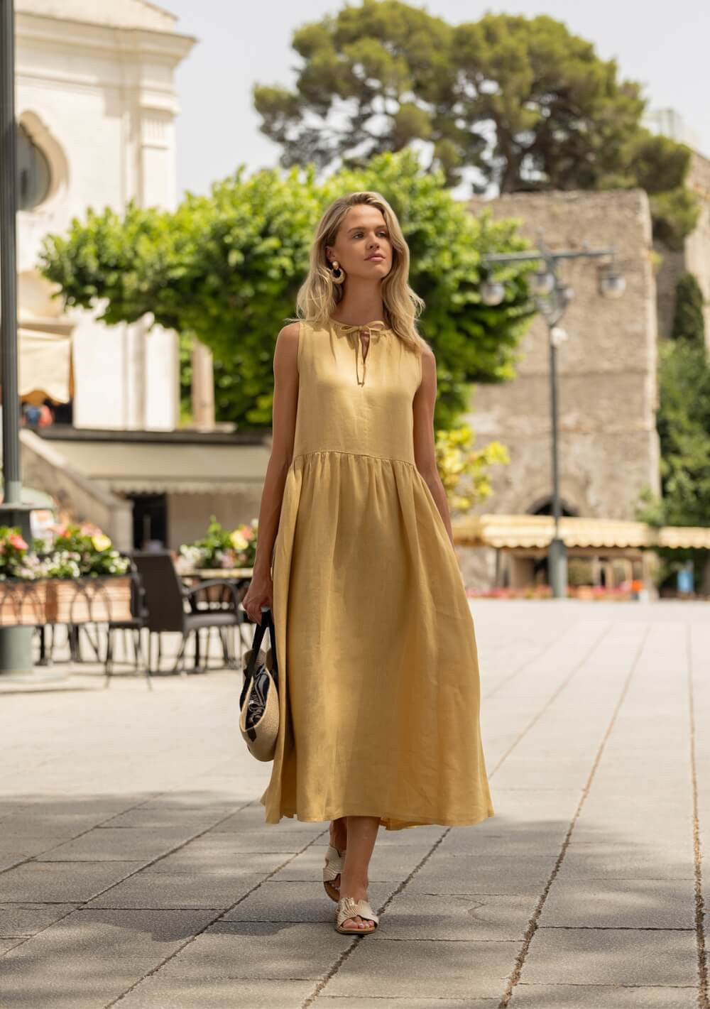 Long linen dress with tie neck detail Aylin